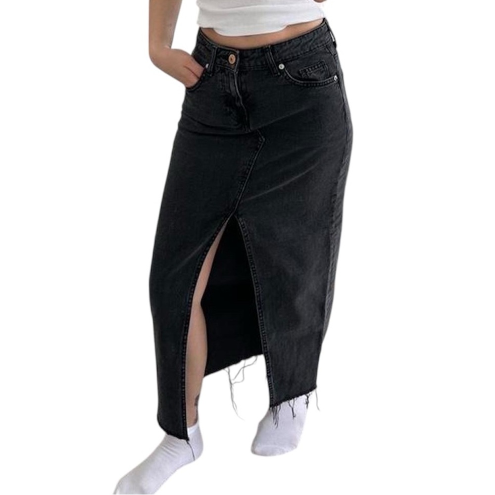 H&M Black Denim Maxi Skirt with Front Slit